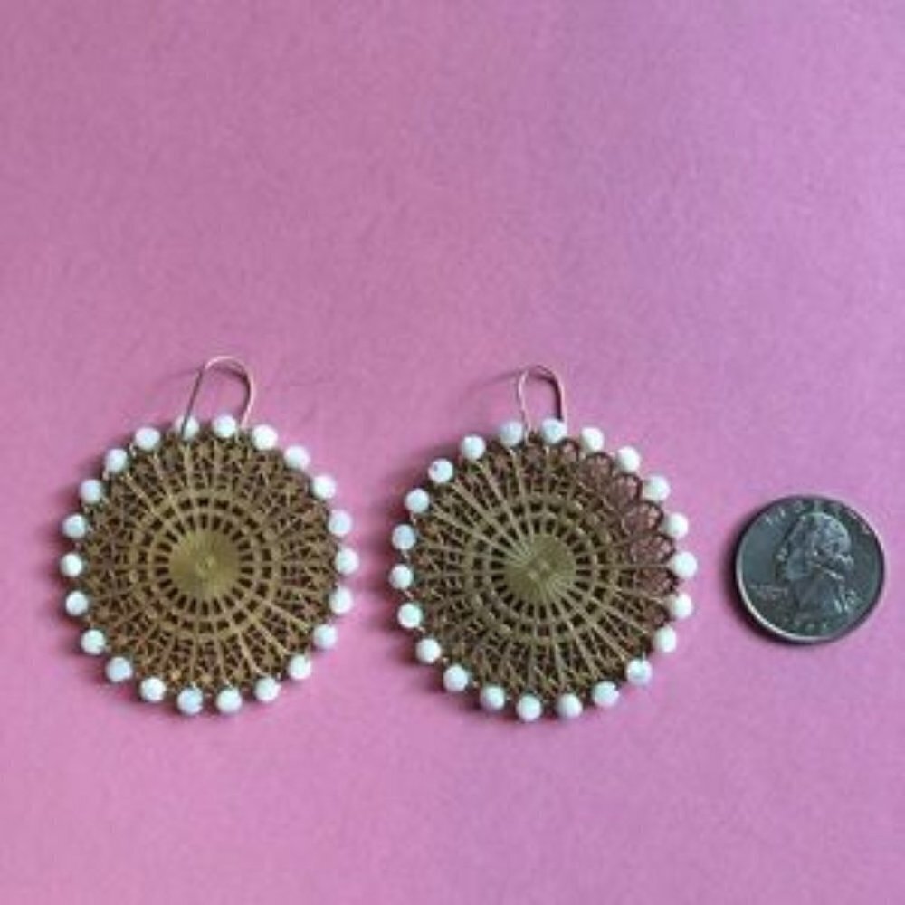 Gold Toned Filigree Beaded Disc Boho‎ Earrings - Picture 2 of 2